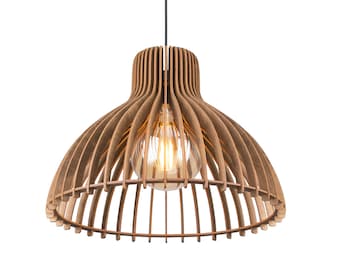 May include: A wooden pendant light with a natural wood finish. The light fixture has a cage-like design with a light bulb inside.
