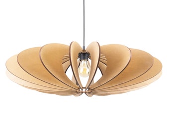 May include: A wooden pendant light fixture with a unique, fan-shaped design. The light fixture is made of multiple layers of wood, creating a layered effect. The light fixture is suspended from a black cord.