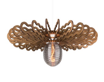 May include: A wooden pendant light fixture with a wavy, layered design. The light fixture has a clear glass globe with a filament light bulb.