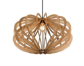 May include: A wooden pendant light fixture with a unique, geometric design. The light fixture is made of thin, curved pieces of wood that are arranged in a circular pattern. The light fixture has a single light bulb in the center.