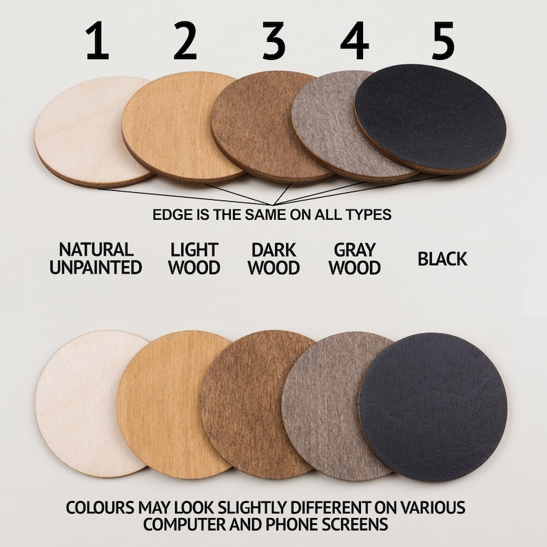 Op de afbeelding: Vijf ronde houten schijven in verschillende kleuren: naturel ongeschilderd, licht hout, donker hout, grijs hout en zwart. De tekst "EDGE IS THE SAME ON ALL TYPES" staat onder de schijven. De tekst "NATURAL UNPAINTED", "LIGHT WOOD", "DARK WOOD", "GRAY WOOD" en "BLACK" staat onder de schijven. De tekst "COLOURS MAY LOOK SLIGHTLY DIFFERENT ON VARIOUS COMPUTER AND PHONE SCREENS" staat onder de schijven.