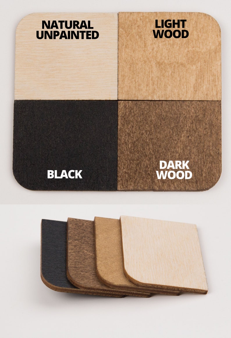 May include: Four wood samples in different finishes: natural unpainted, light wood, dark wood, and black. The samples are arranged in a grid pattern and are all the same size.