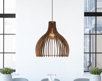 Open Pear-Shaped Wooden Pendant Light – Scandinavian Slatted Ceiling Lamp – Handmade Nordic Dining Light