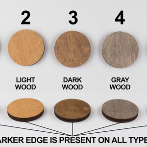 May include: Five wood circles showing different wood stain colors. The circles are labeled 1 through 5. The colors are natural unpainted, light wood, dark wood, gray wood, and black.