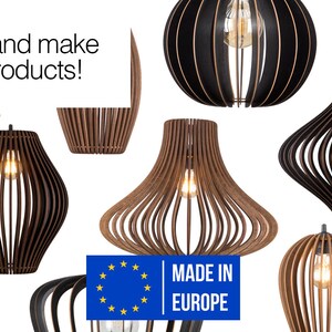 May include: A collection of wooden pendant lights in various shapes and sizes. The lights are made of natural wood and have a warm, inviting aesthetic. The text "Made in Europe" is visible in the lower right corner of the image.