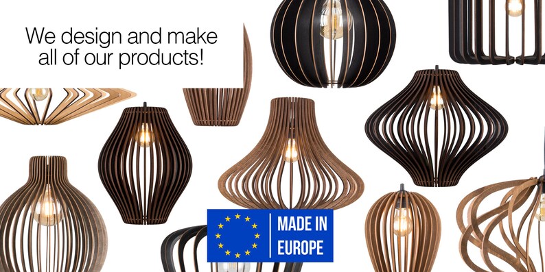 May include: A collection of wooden pendant lights in various shapes and sizes. The lights are made of natural wood and have a warm, inviting aesthetic. The text "Made in Europe" is visible in the lower right corner of the image.