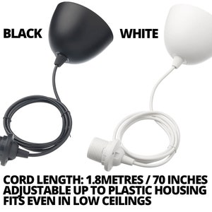 May include: Black and white pendant light fixtures with adjustable cords. The cords are 1.8 meters or 70 inches long. The fixtures are made of plastic and can be adjusted to fit low ceilings.