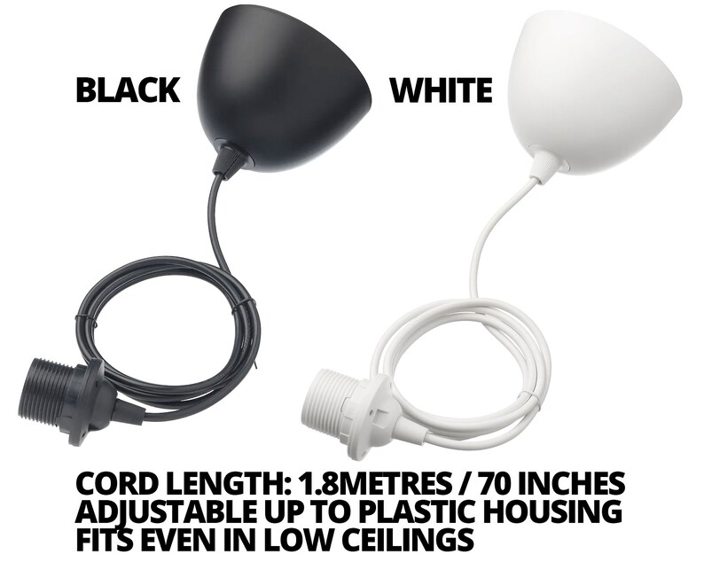 May include: Black and white pendant light fixtures with adjustable cords. The cords are 1.8 meters or 70 inches long. The fixtures are made of plastic and can be adjusted to fit low ceilings.
