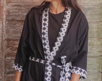Black Rayon Batik Kimono: Short Casual Dress for Young Women, Summer 2024