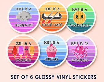 Funny Adult Sticker Set of 6, Rude Glossy Vinyl Stickers, Colorful Sarcastic Sticker Pack, 2 or 3 Inch Stickers
