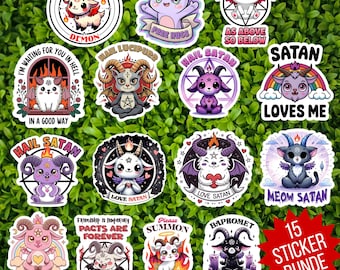 Hail Satan | Cute Gothic Sticker Bundle | Kawaii Baphomet Vinyl Stickers | Funny Satan Cat & Goat Decals | Laptop Stickers | Witchy Gift