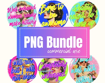 Paquete de PNG con frases retro estilo pin-up / 6 pegatinas digitales / Frases divertidas y atrevidas / PNG de alta resolución de 6x6 / Fondo transparente / Uso comercial