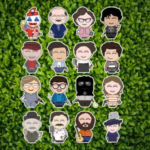 May include: A collection of cartoon stickers featuring various characters. The stickers depict individuals with different expressions and accessories, including weapons, tools, and musical instruments. The characters are set against a green background.