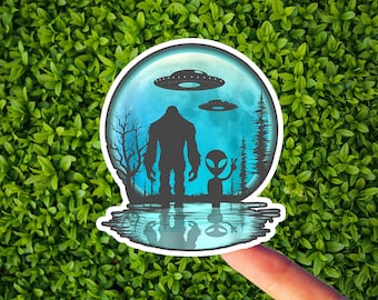 Alien and Bigfoot UFO Vinyl  Sticker or Magnet! / Fantasy / UFO / Cryptid / Last Podcast on the Left