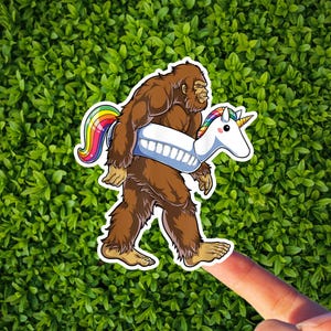 Bigfoot with Unicorn Pool Float Vinyl Sticker Decal! / Fantasy / UFO / Cryptid / Last Podcast on the Left