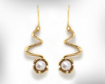 Women Freshwater Pearl Earrings, Gold Dangle Drops,