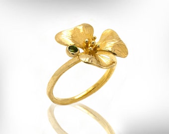 Cute Gold Flower Ring 22K Gold Plated Flower Ring Women Tourmaline Ring with Personalized Gemstone Statement Orchid Ring Anniversary Gift
