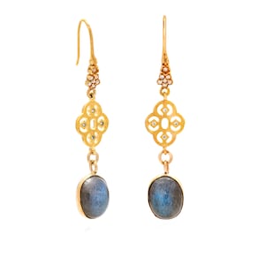Elegant Gold Dangle Earrings Blue Labradorite Gemstone Earrings Birthday Gift Beautiful Statement Long Earrings with Labradorite Stone