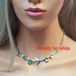 Turquoise Necklace for Women, Turquoise Birthstones Necklace, December Birthstones Jewelry Gift, Gemstones and Silver Beaded Necklace.