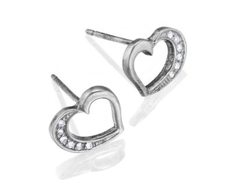 Heart Studs with zircons, Rhodium Plated Hearts, Bridal silver earrings, April Birthstone Gift, Tiny Hearts Earrings