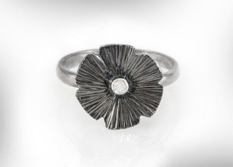 Oxidized silver jewelry Gemstone gift Jewelry sale Ring with Cubic zirconia Personalized jewelry Black silver ring Floral jewelry set