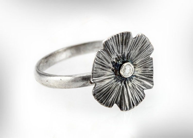 Oxidized silver jewelry Gemstone gift Jewelry sale Ring with Cubic zirconia Personalized jewelry Black silver ring Floral jewelry set