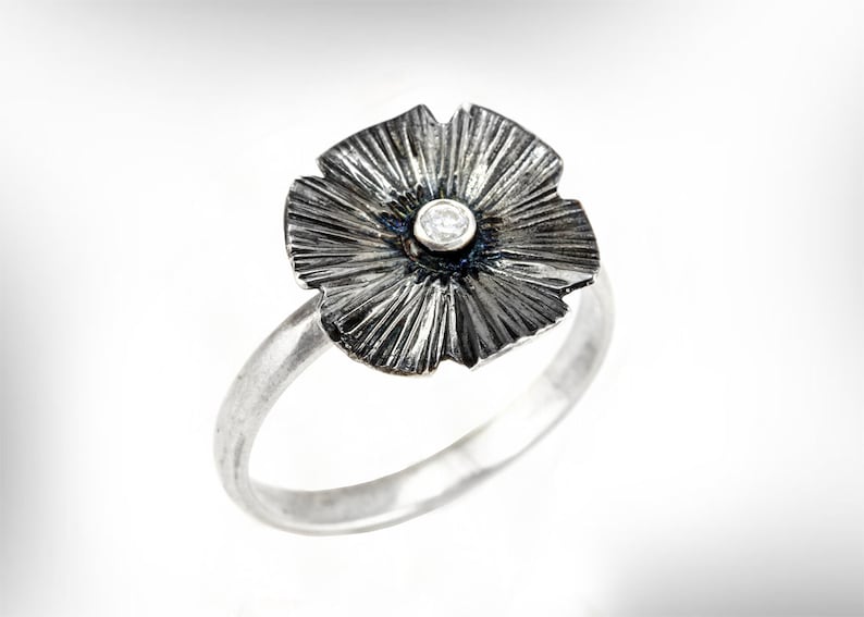 Oxidized silver jewelry Gemstone gift Jewelry sale Ring with Cubic zirconia Personalized jewelry Black silver ring Floral jewelry set