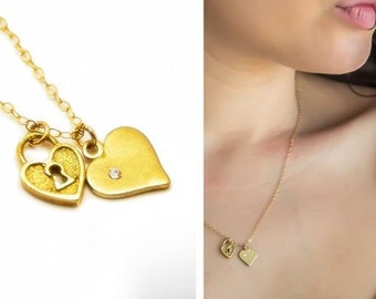 Valentine's, Mother's Day, Christmas and Birthday's Love Necklace for Women, Lock and Gold Heart Pendant inlaid Diamond, Romantic Jewelry.