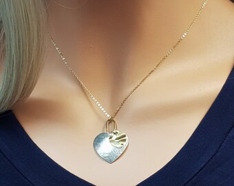 Unique Heart Necklace for Women, Silver and Gold Hearts Pendant Necklace, Valentine's jewelry love gift for her, Romantic Jewelry Gift.