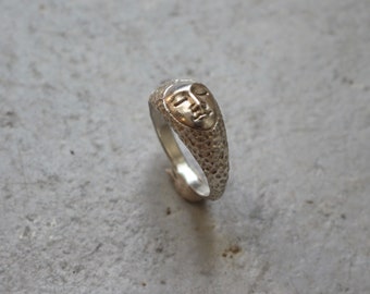 Silver Moon Face Signet Ring, Unisex 925 Sterling Silver