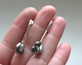 Keshi pearl silver earrings, Asymetrical modern earrings