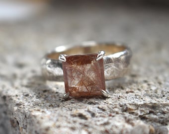 Silver ring with rutiled quartz, Engagement ring