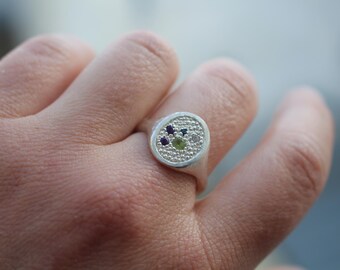 Handmade Sterling Silver Ring with Multicolor Gemstones – Unique Textured Design