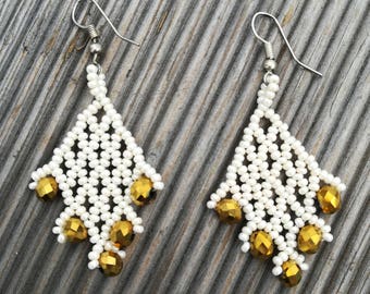 Dangle  and drop earrings, beaded earrings, handmade jewellery, beaded earrings, gold earrings, long earrings, boho style, boho jewellery