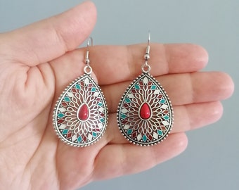 Dangle and drop earrings, stainless steel earrings, boho earrings bohemian earrings, hippie earrings, bohemian style, colourful earrings