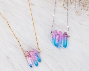 Triple aura quartz, blue and pink coated crystal quartz, summer necklace, crystal quartz point, dainty crystal necklace