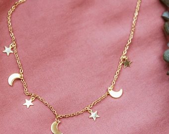 Celestial Star Moon Choker, Stainless Steel Necklace