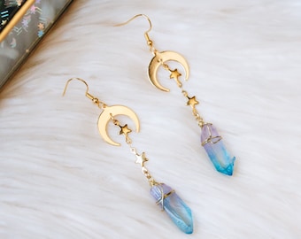 Aura Quartz Dangle Earrings, Gold Moon and Stars, Celestial Jewelry