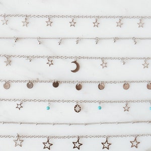 Stainless steel celestial boho chokers, dainty necklaces, moons, stars, coins, turquoise beads