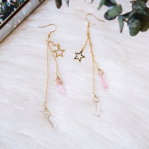 Long earrings with clear crystal quartz, pink quartz and stars, magical dainty earrings, &quot;Sweet Rain&quot; earrings