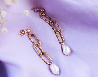 Dainty pearl studs, stainless steel drop chain earrings with freshwater pearls