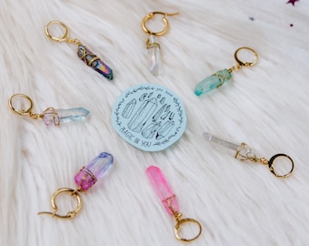 Aura Quartz Crystal Hoop Earrings, Stainless Steel waterproof Dainty Hoops, sold individually