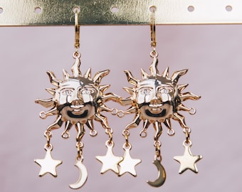 Boho Solar Face with Moon and Star Accents • 18K Gold Plated Sun, Boho celestial jewelry