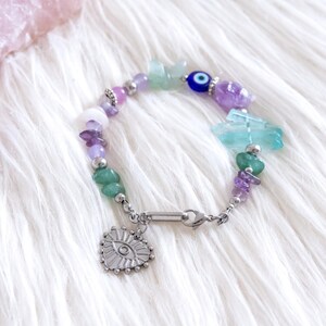 Evil eye heart stainless steel and crystals bracelet, with amethyst, aventurine and quartz , love ornaments bracelet