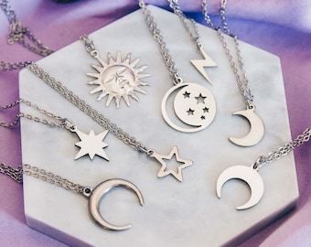 Dainty Stainless Steel Celestial Necklace, Moon, Star, Sun