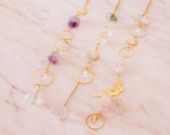 Crystal Sun Catcher, 18K Gold Celestial Mobile, Handmade Home Decor