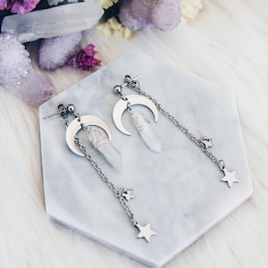 Moon, stars, clear aura quartz dainty earrings, &quot;Celestial drops&quot; earrings silver stainless steel