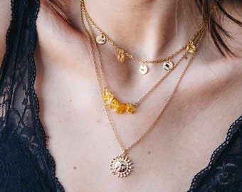 Boho celestial summer Gold Sun face Necklace Set, gemstones citrine and golden coins Layered Necklaces