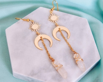 Crystal Sun and Moon Earrings, 18K Gold Plated, Celestial Jewelry, bridal dainty fairy vibes, dangle crystals