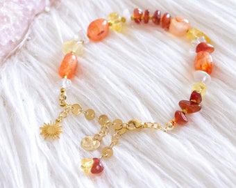 Pulsera de cuentas de ágata citrina hecha a mano, dije de sol de acero inoxidable chapado en oro.